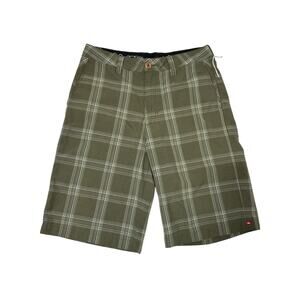 Quiksilver Men's Olive Green Plaid Bermuda Shorts Size 30 Embroidered Logo